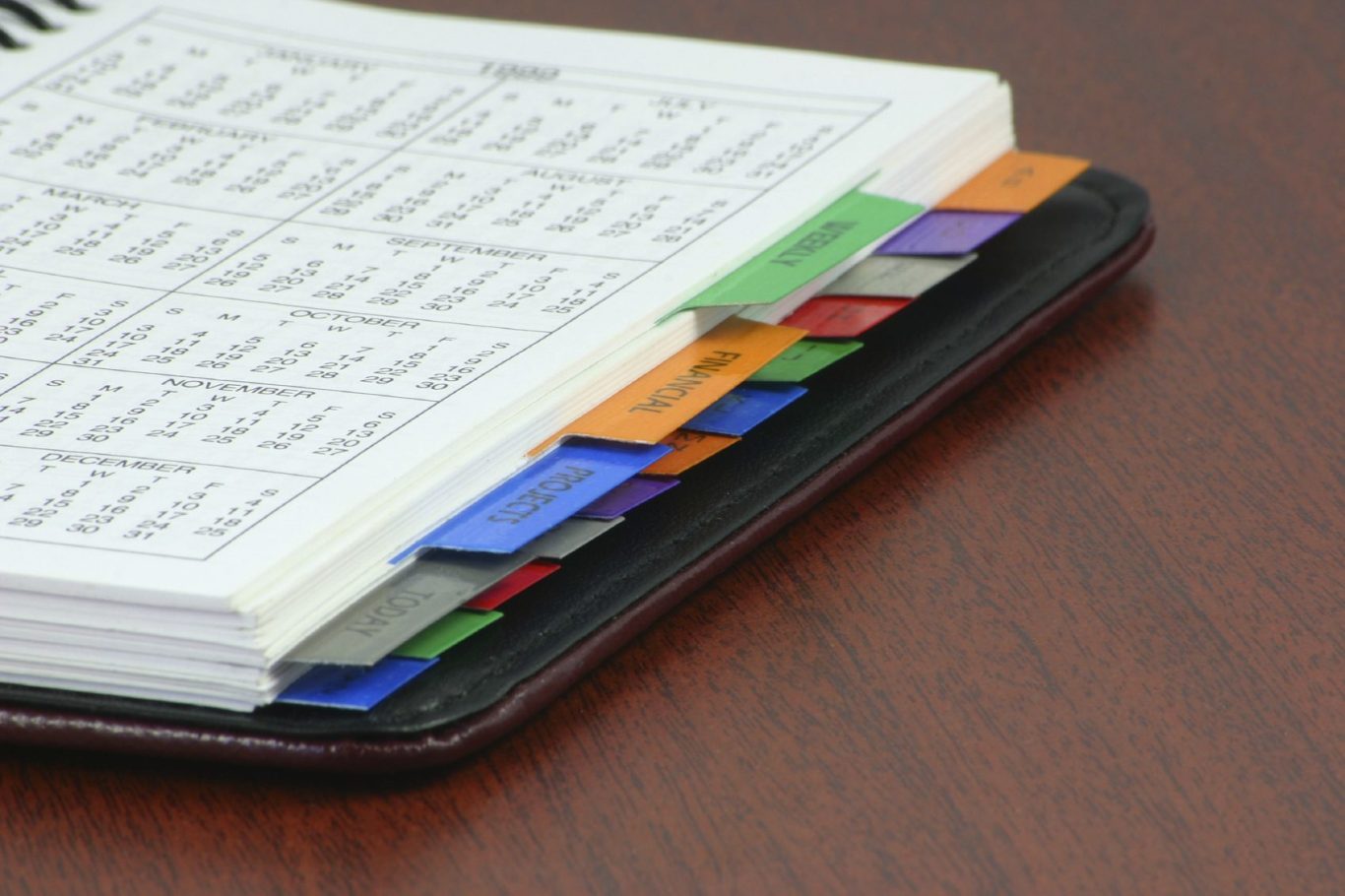 Picture of a diary with different tabs